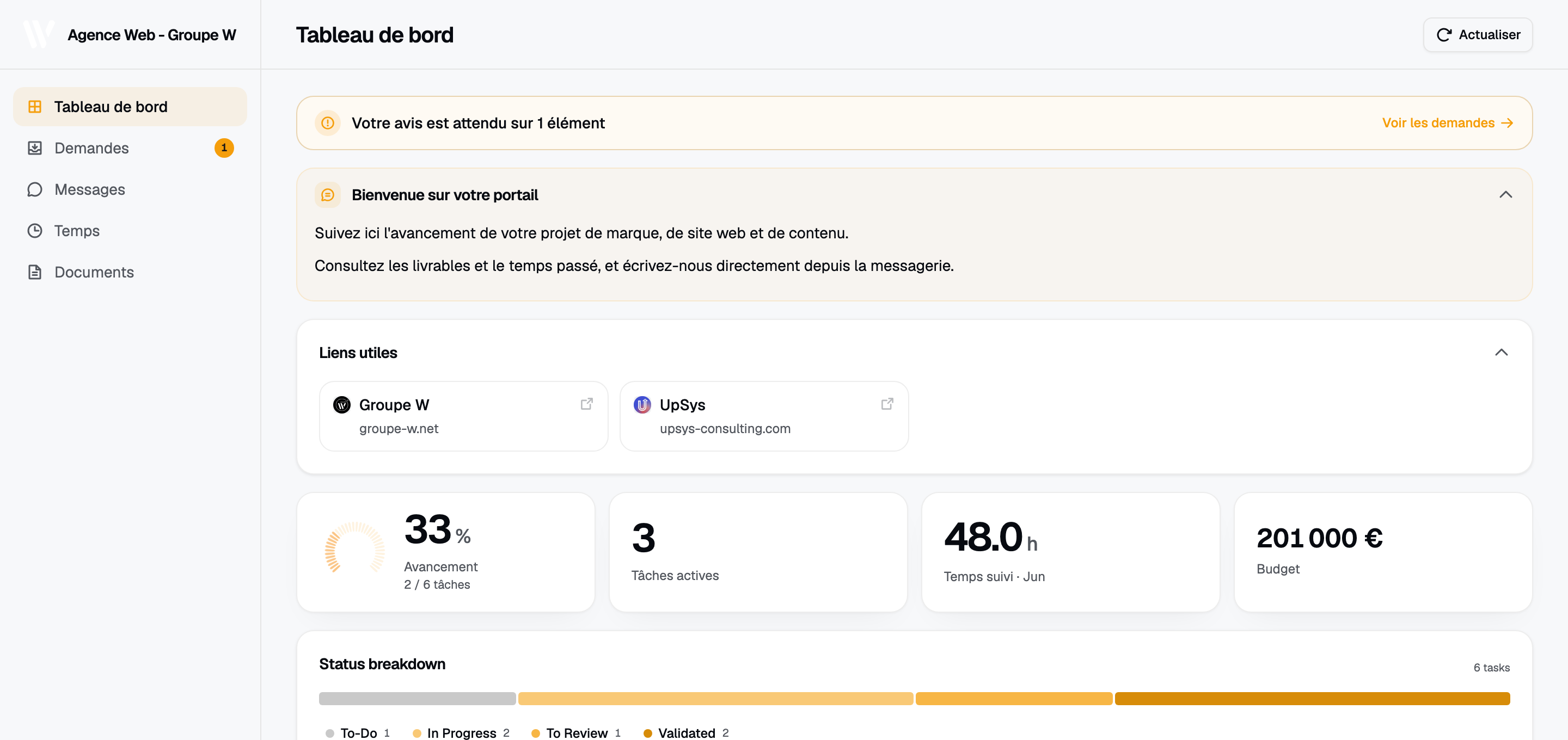 A branded client portal reading live from a project workspace, with no manual updating.